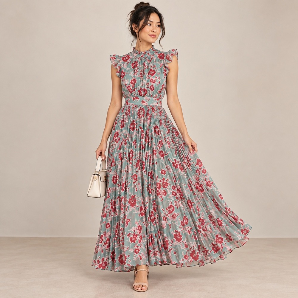 Melloday Floral Pleated Maxi Dress High Neck Flutter Sleeve Cottagecore Size S